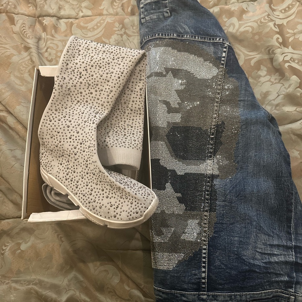 Aime Leon Dore White Studded Over the Knee Boots with matching jean jacket